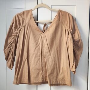 LOFT Brown V-Neck Blouse with Ruched Sleeves
